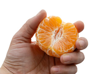 Wall Mural - Hand Holding a Freshly Peeled Mandarin Orange. Isolated on transparent background, png