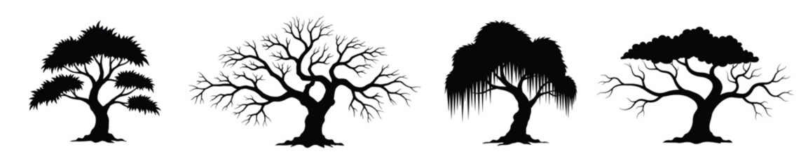 Silhouettes of four different trees with varying shapes and branch structures against a white background.