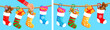 © absent84 - Woman hand hanging colorful Christmas stocking filled with festive gifts and candy. Holiday decoration for winter celebration. Happy New Year season.