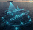 © petrovk - holographic command interface showing a satellite tracking a wireframe warship and submarine on the ocean surface/seabed, connected by a glowing sensor network with compass icons