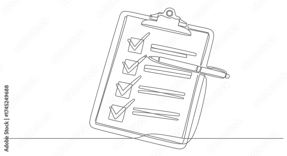Taskis Drawing Line drawing of a clipboard with a checklist and a pen, representing ...