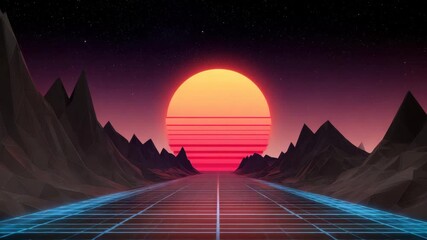 Wall Mural - Retro futuristic landscape glowing grid road polygonal mountains vibrant sun sunset starry night sky digital sci fi neon horizon abstract geometric technology colorful fantasy virtual triangle shape