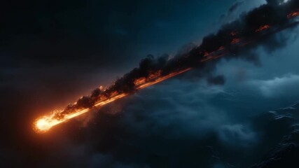 Wall Mural - Meteor burning through dark night sky with glowing fiery trail and smoke, intense cosmic event in space creating dramatic atmosphere full of motion and burning light contrast