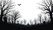 © Muhammad - horizontal banner with a white background and a black silhouette of trees and a cemetery.  terrifying scenery.  Halloween vector graphics for posters, stickers, banners, and invitations