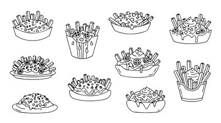 Collection of delicious french fries appetizer icons hand drawn sketch style line art vector