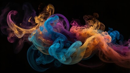 colorful swirling smoke waves on deep black background, ultra-detailed wispy textures, abstract moti