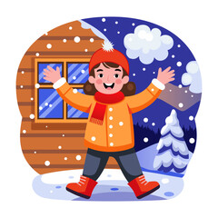 Canvas Print - Flat style illustration showing a kid enjoying snow 

