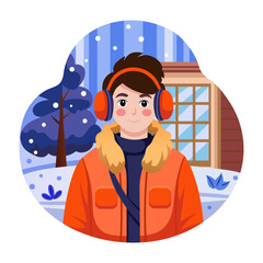 Canvas Print - A flat style illustration showing a kid wearing earmuffs 
