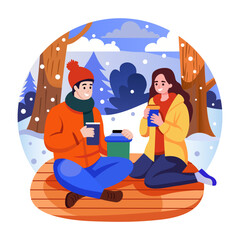 Canvas Print - Flat style illustration showing a couple drinking tea 
