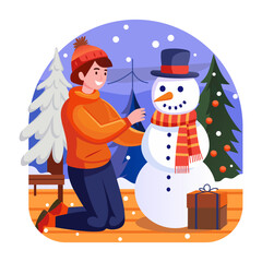 Canvas Print - Flat style illustration of a person decorating snowman 
