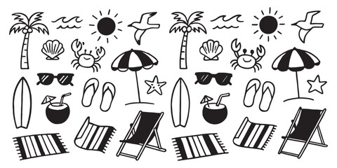 Wall Mural - Hand-drawn doodle beach and surf icon vector set with tropical elements like palm trees, waves, surfboards, and sun. Perfect for summer designs, t-shirts, posters, and coastal design.