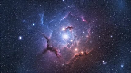 Wall Mural - A breathtaking journey through a vibrant, colorful abstract nebula within the vast expanse of deep space. This mesmerizing cosmic cloud glows with brilliant blues, purples, and fiery oranges, set agai