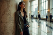 © starush - Woman waiting in modern office lobby with large windows and natural light