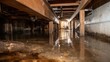 © Pixelzone - Stunning photo of flooded crawl space under a house with standing water and wooden beams.