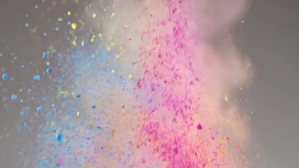 Wall Mural - colorful pigment powder slowly falling and scattering through the air against a neutral background p