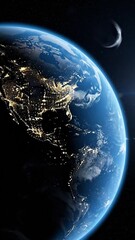 Wall Mural - A mesmerizing, high-angle view of a luminous celestial body slowly rotating in the vast darkness of space, showcasing a captivating transition from nighttime's sparkling urban illumination to a vibran