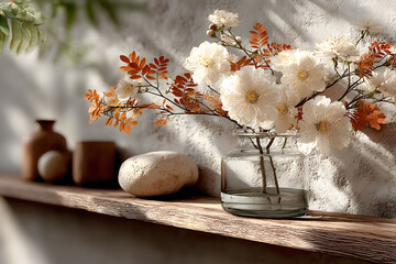Wall Mural - Autumn Floral Arrangement in a Glass Vase on Rustic Shelf with Natural Light