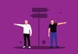 © Eugen - Two Business People Want to Go in Different Directions Near Road Sign. White collar workers and company leadership CEO expressing opinion
