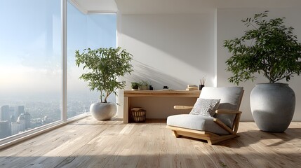 Wall Mural - Photorealistic shot of a modern, luxurious executive office with minimalist wooden furniture, large potted plants and a soft-focus city view.