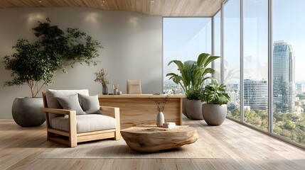 Wall Mural - Photorealistic shot of a modern, luxurious executive office with minimalist wooden furniture, large potted plants and a soft-focus city view.