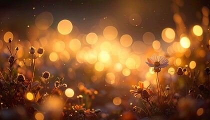 Wall Mural - A stunning close-up of wildflowers illuminated by golden sunlight, creating a magical bokeh effect