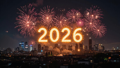 Fireworks exploding over a modern city skyline at midnight, with glowing golden numbers ‘2026’ in the sky, festive New Year celebration scene