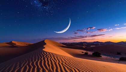 Wall Mural - Serene desert landscape at twilight with a crescent moon illuminating the sandy dunes and starry sky