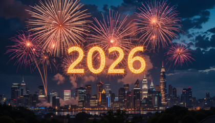 Fireworks exploding over a modern city skyline at midnight, with glowing golden numbers ‘2026’ in the sky, festive New Year celebration scene