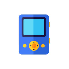 Blue handheld media player with screen and buttons for music and video playback.