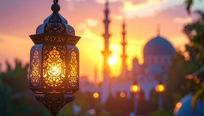 Wall Mural - Ornate lantern glowing at sunset with mosque silhouette and vibrant sky in the background