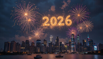 Fireworks exploding over a modern city skyline at midnight, with glowing golden numbers ‘2026’ in the sky, festive New Year celebration scene