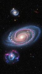 Wall Mural - This captivating vertical video showcases a breathtaking cosmic panorama, featuring multiple vibrant galaxies and celestial structures against a deep, star-studded expanse. A prominent spiral galaxy w