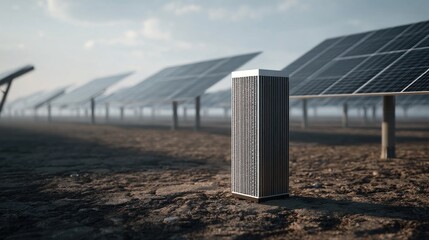 Solar panels and a modern device on a barren landscape under a bright sky