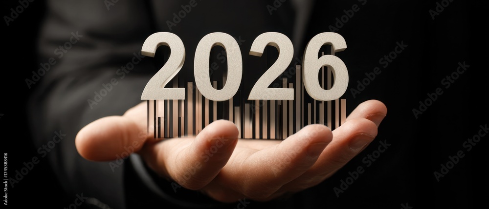Hand holding the year 2026 with a barcode concept future concept Stock ...