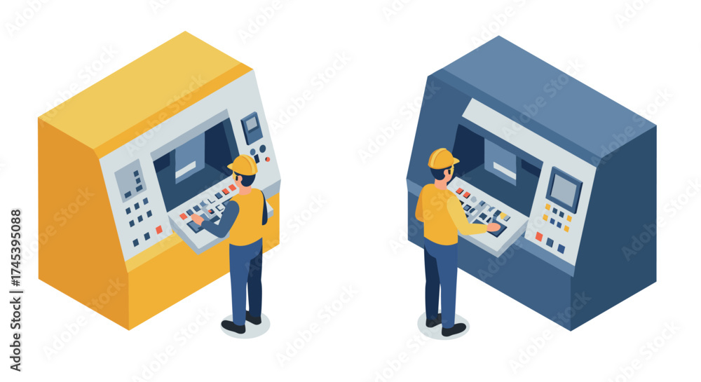 Operator Isometric Isometric control panels with operators using machinery in yellow and ...