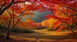 © SweaterWeather - Tranquil Autumn Landscape with Vibrant Red and Yellow Trees in Warm Sunlight