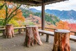 © kqdd - Set of three wooden stumps and two benches in open-air pavilion with panoramic mountain views and colorful autumn leaves