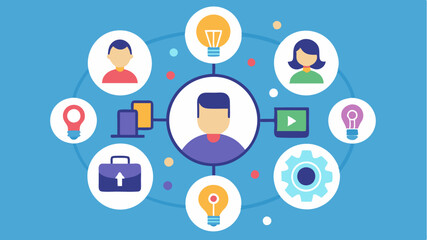 A circular graphic with diverse icons representing various skillscoding art managementinterconnected promoting synergy within a collaborative environment.