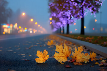 Wall Mural - Autumn Evening Scene with Colorful Leaves on Misty Street