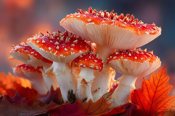 Wall Mural - Vibrant Autumn Mushrooms with Orange Caps Amidst Colorful Leaves for Nature Decor