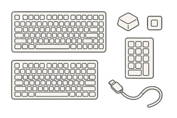 Isolated computer keyboard components set including layouts, numeric pad, keycaps, and USB cable