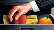 © PB Studio - close-up illustration of a neatly packed lunch bag with a sandwich and a fruit, but a hand is instead grabbing a packet of crackers from a desk drawer, showcasing the last-minute rush to eat