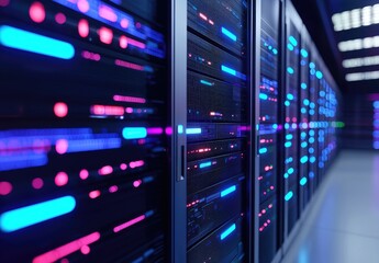 Wall Mural - Futuristic data center interior with glowing pink and blue server lights symbolizing modern cloud computing, digital storage, and high-performance IT infrastructure for enterprise technology