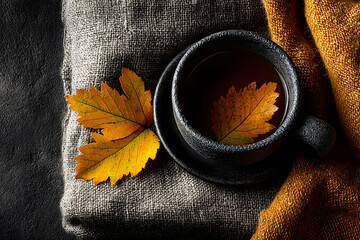 Wall Mural - Autumn Warmth: Cozy Tea with Fall Leaves on Textured Fabric for Seasonal Comfort