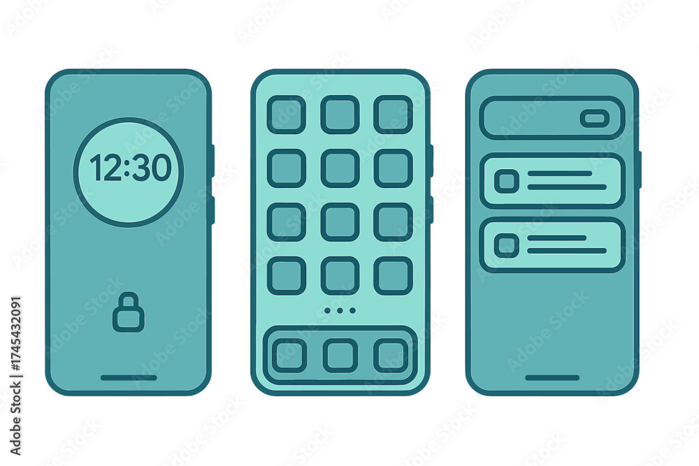 Smartphone user interface design elements showing lock screen, app ...