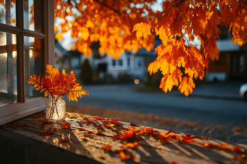Wall Mural - Autumn Window Scene with Golden Leaves and Glass Vase for Seasonal Decor Print