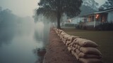 Residents prepare for possible flooding with sandbags along the riverbank in a serene, misty environment