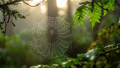 Dew Covered Spiderweb Glistening in Morning Forest Sunlight.