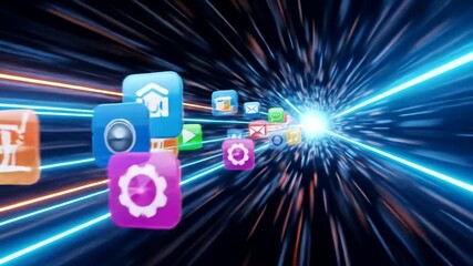Wall Mural - Abstract digital tunnel with vibrant light streaks and app icons floating