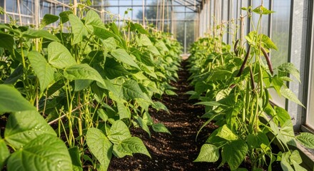Wall Mural - Medium shot of crossbred bean plants thriving in a sunlit greenhouse showcasing combined traits for improved growth and robustness.